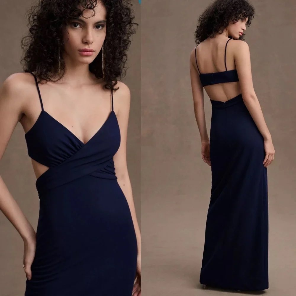 BHLDN Livy Dress Navy Blue Twist Front Full Length Gown Size US 8